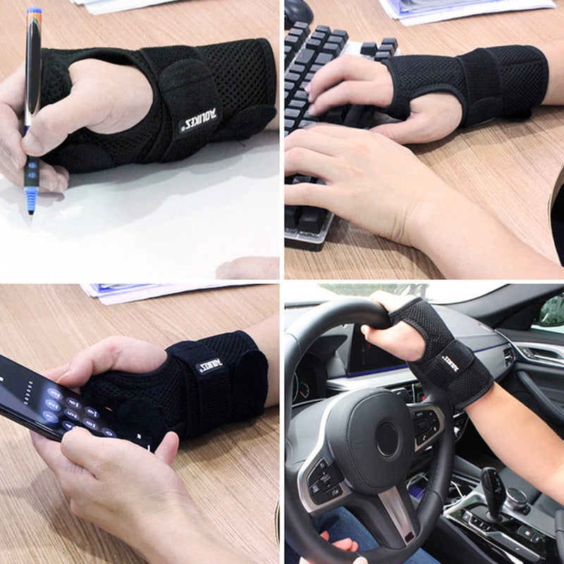 Collage de uso de férula de muñeca en escritura, teclado, celular y conducción