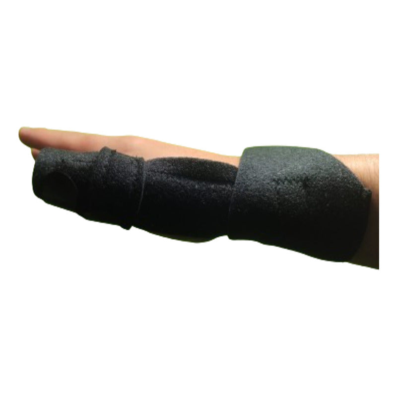 Férula inmovilizadora de pulgar negro cubriendo pulgar y muñeca, mano plana vista lateral